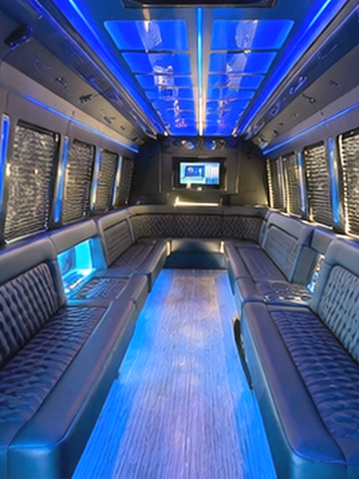 Passenger seating aboard a party bus rental serving Rochester